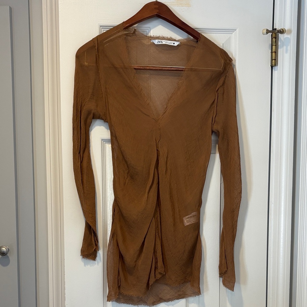 Zara Tan Sheer V-Neck Blouse